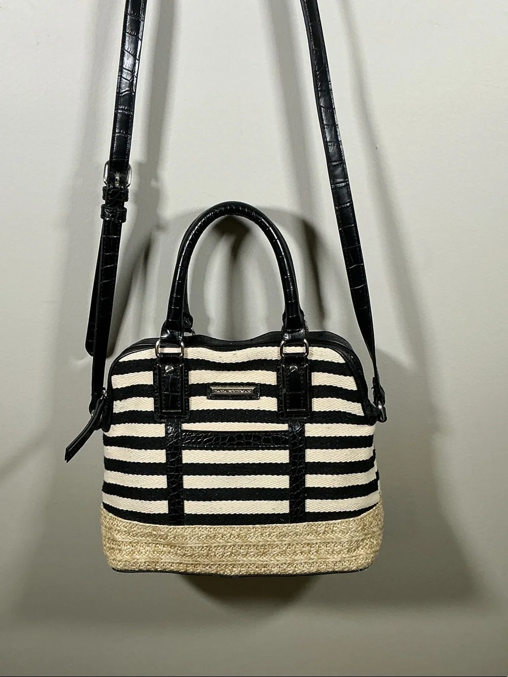 Dana Buchman Black White Straw Satchel Crossbody Bag Woven Top Handle Resort